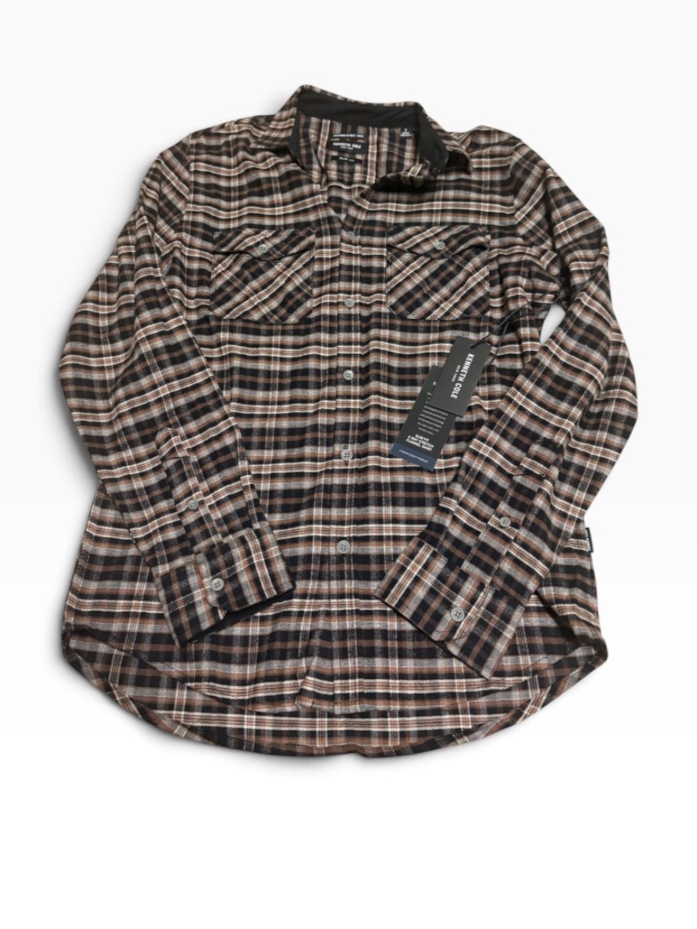New Kenneth Cole Men’s Flannel Shirt Brown Plaid Small NWT